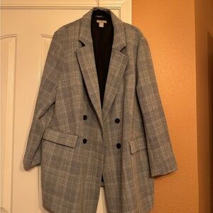 H&M Gray Plaid Double-Breasted Blazer